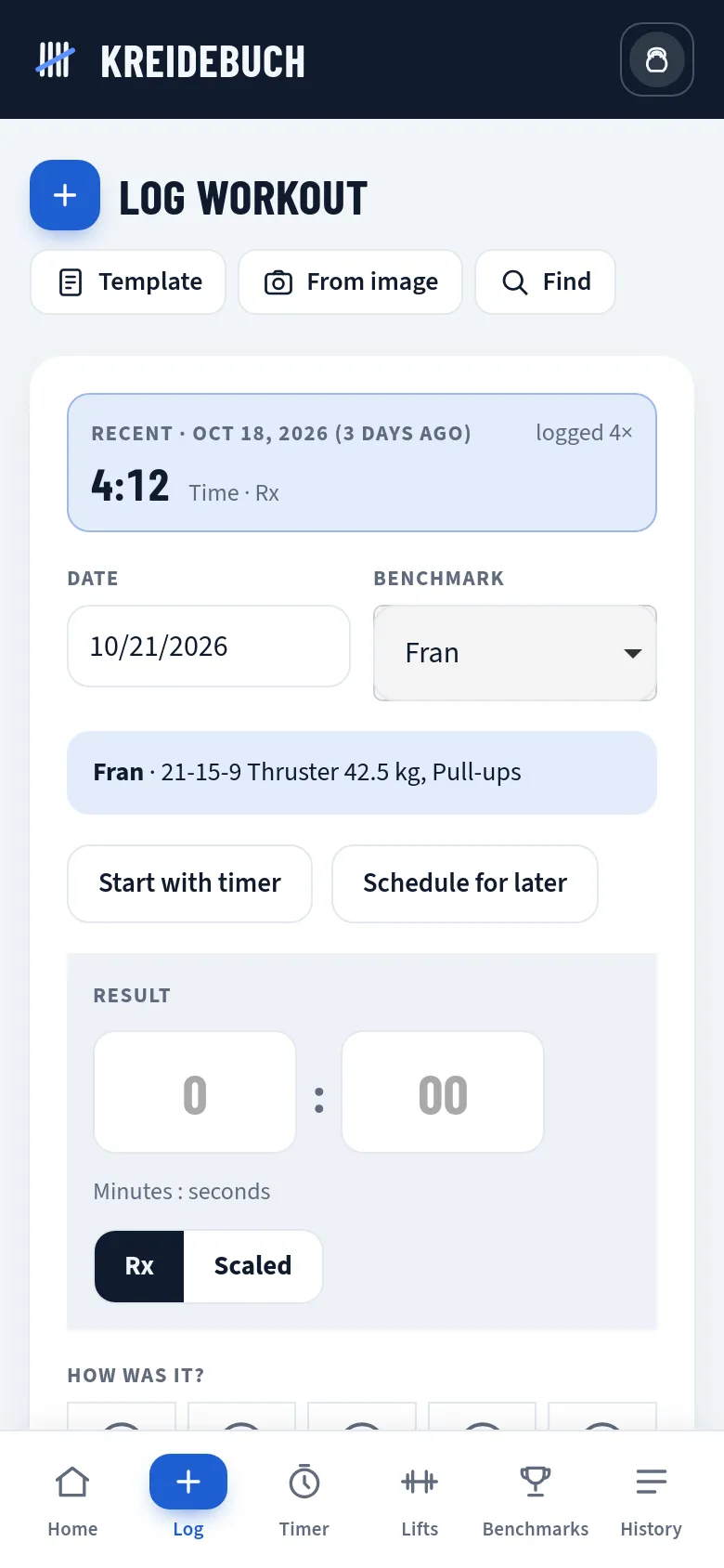 Logging a workout in Kreidebuch