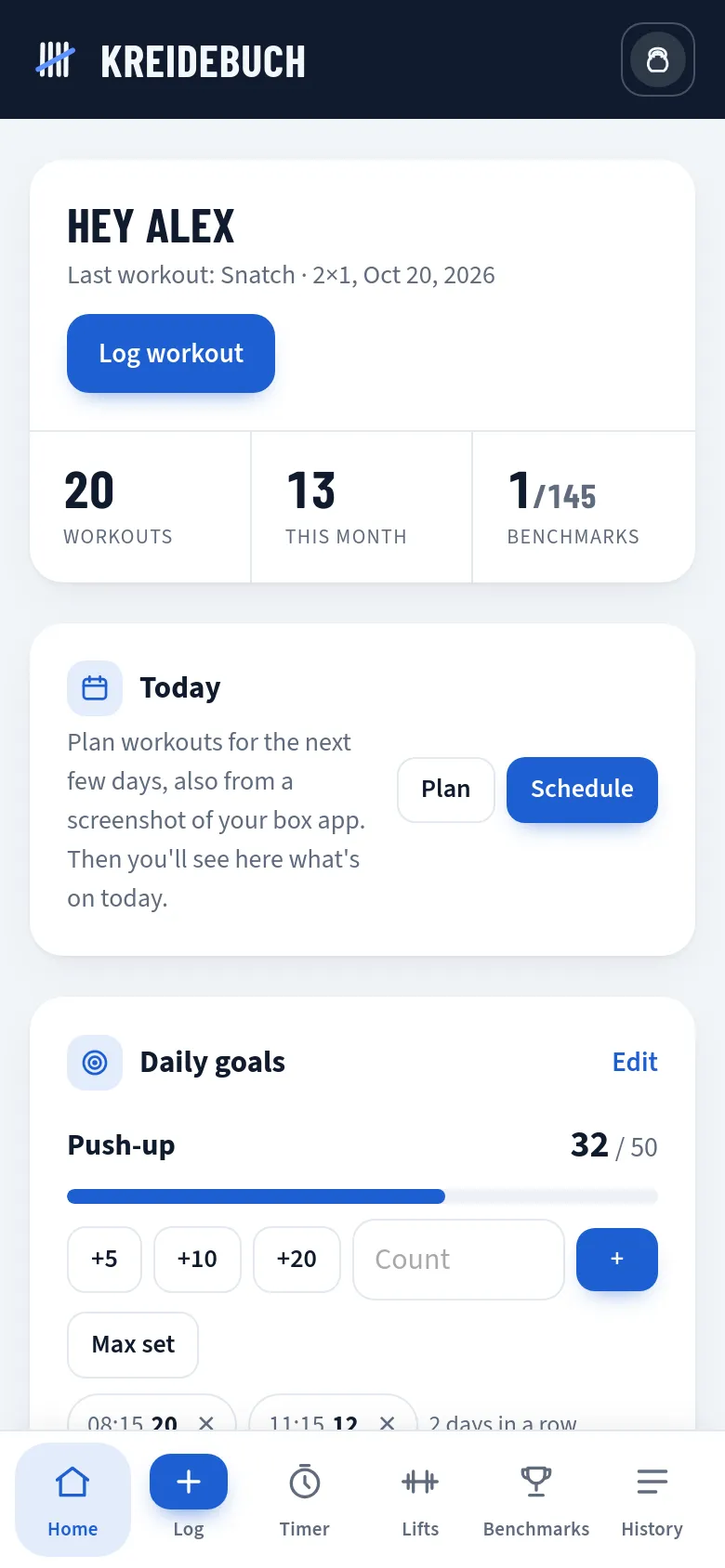 Kreidebuch Home screen with daily goal, week strip and recent workouts
